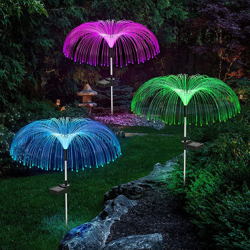 3 Conjuntos de Luzes Ópticas de Fibra Solar com Design em Forma de Água-viva para o Jardim