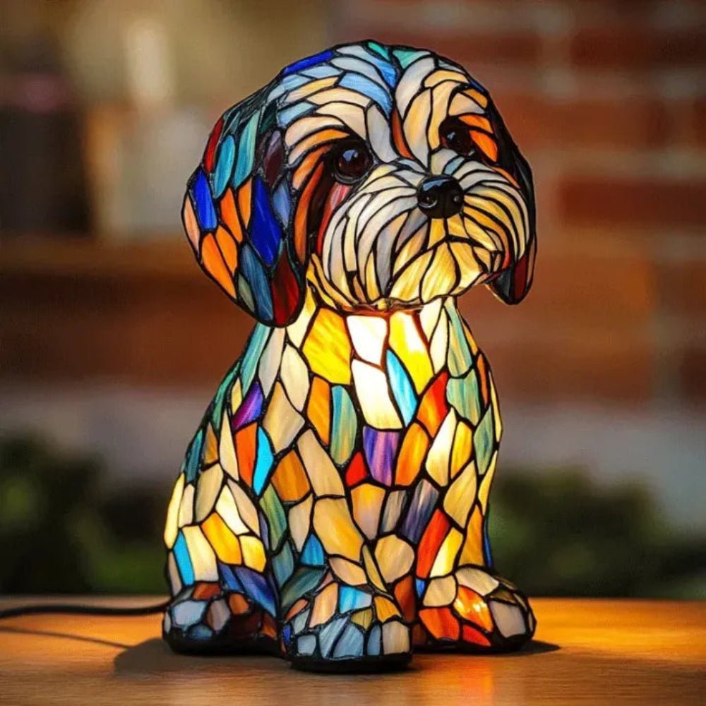 Lampada Tavolo Vetro Stile Tiffany Figura Cane Illuminazione D'atmosfera Calda