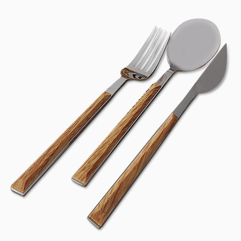 Set di Posate in Acciaio Inossidabile a 3 Pezzi con Manico in Legno