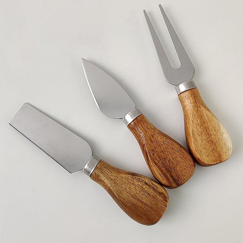 Juego de cuchillos para queso de 3 piezas con mango de madera y acero inoxidable
