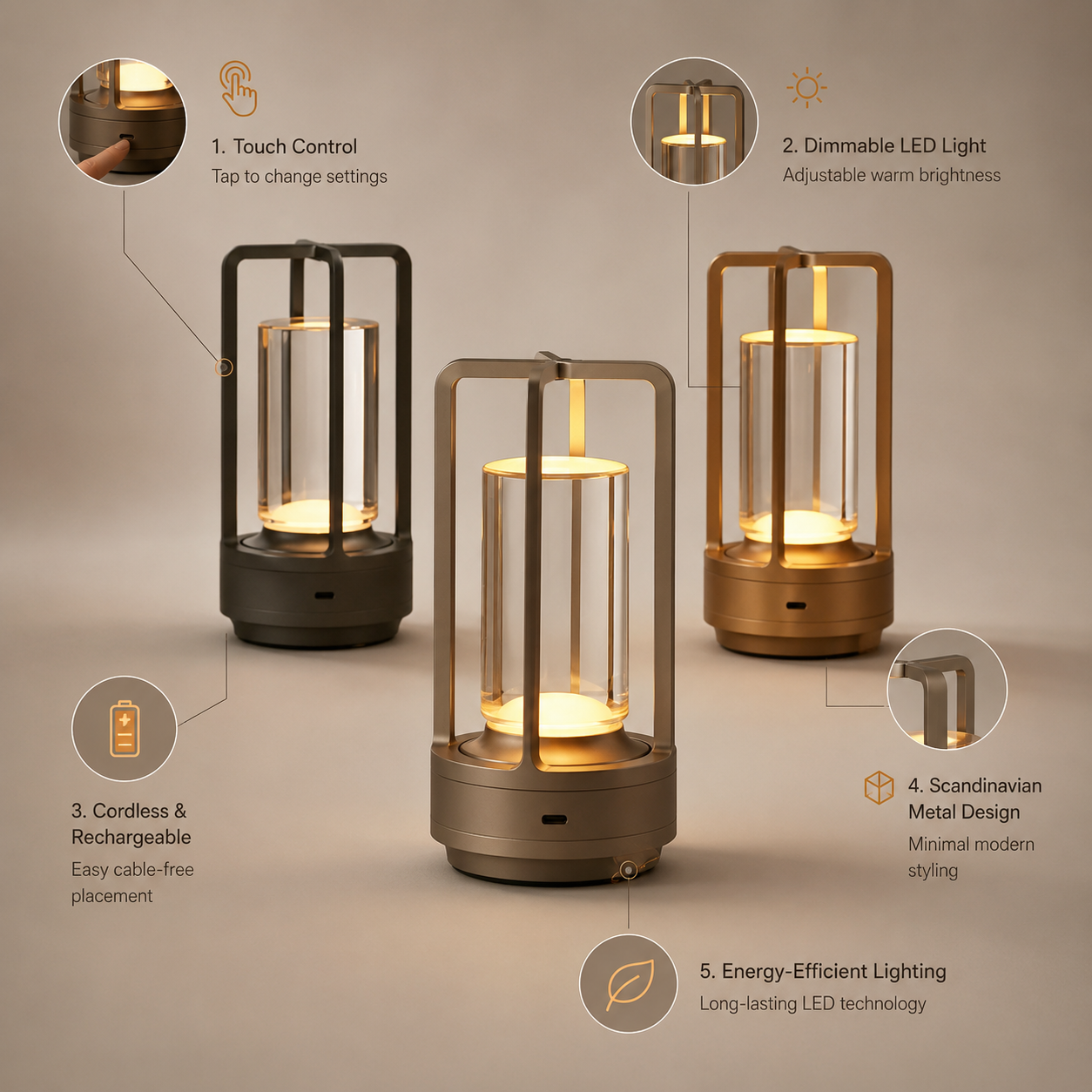 Table Lamp Wireless Rechargeable LED Metal Crystal Shade
