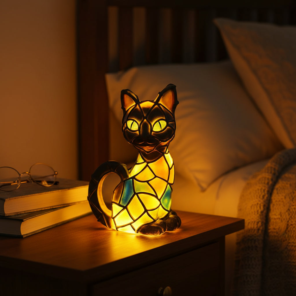 Stained Resin Kat Lamp Artistieke Figuurlamp Warme Gloed