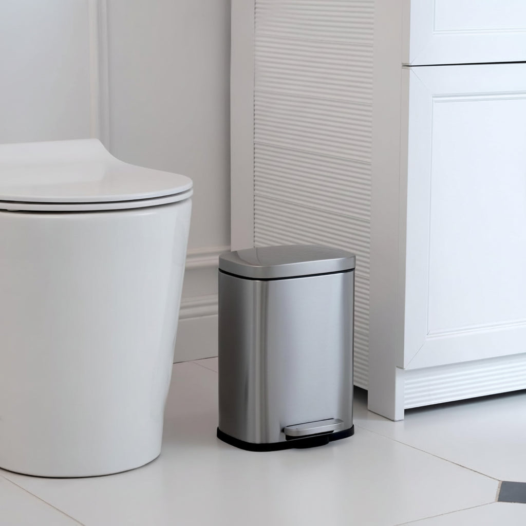 Compact Stainless Steel Trash Can Foot Pedal Soft Closing Lid Bathroom