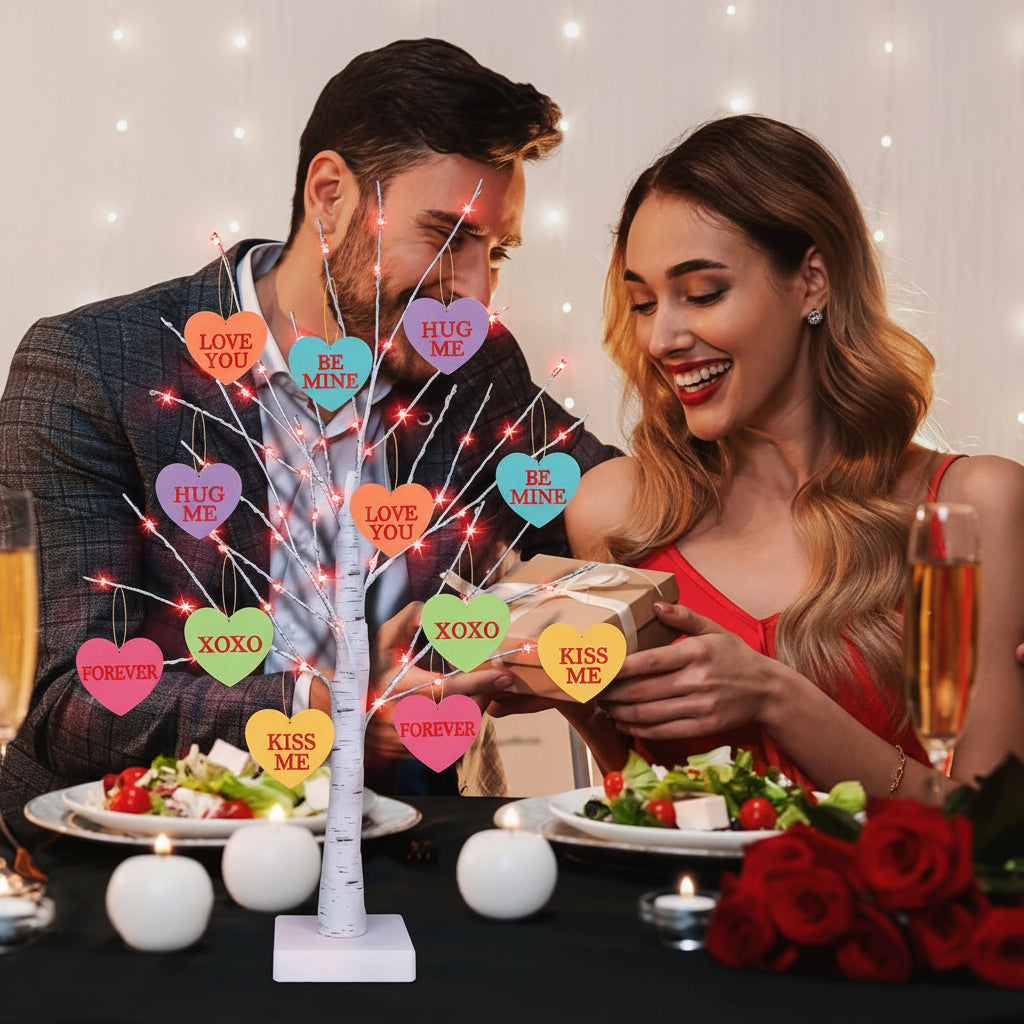 Albero San Valentino Illuminato Cuore Legno Ornamenti Timer