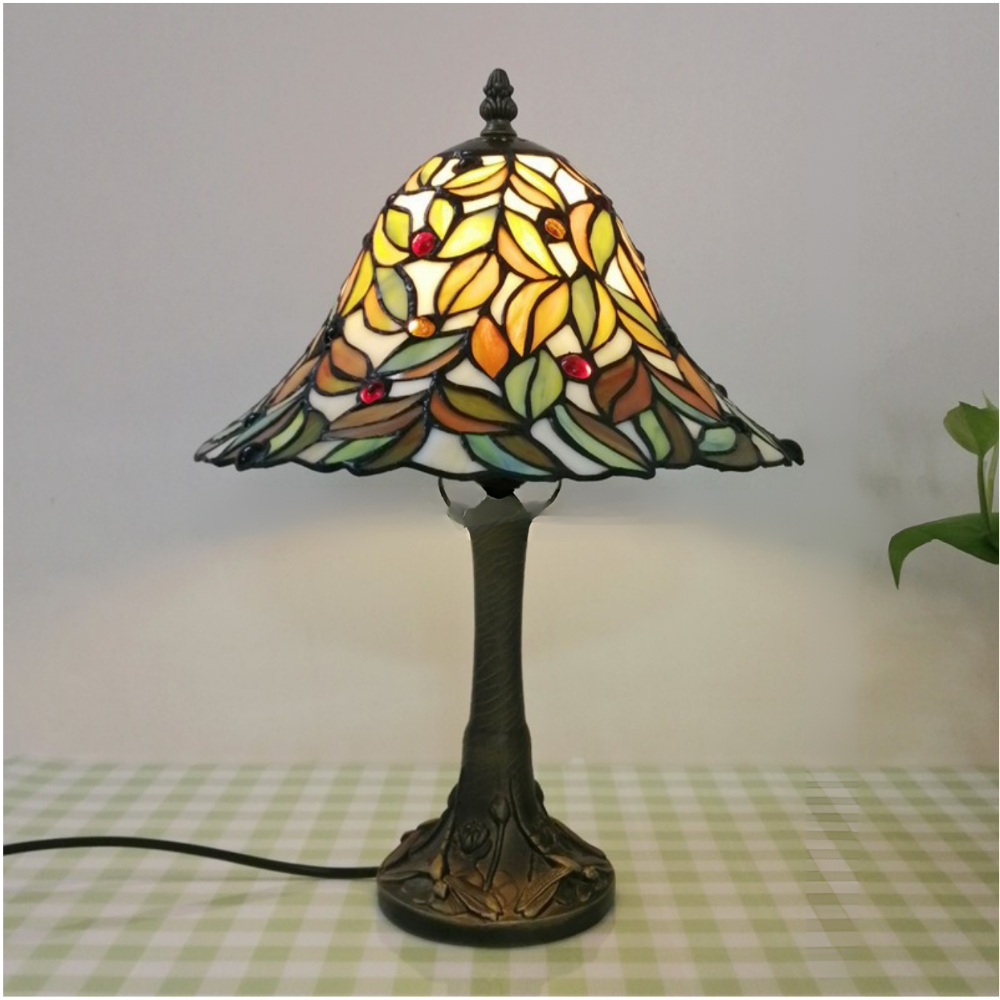 Lampada da tavolo Tiffany - Vetro antico dipinto a smalto con motivo a foglia verde