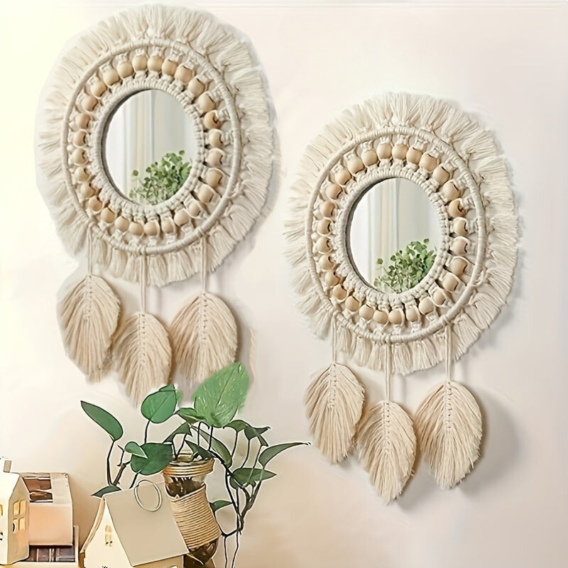 Boho Chic Handwoven Rattan Wall Mirrors with Leaf Tassels – Frameless and Polished Finish