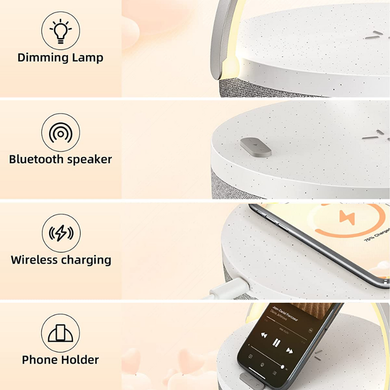 Lampada da notte LED - Lampada da letto musicale con caricatore wireless, lampada touch 4-in-1 e altoparlante Bluetooth