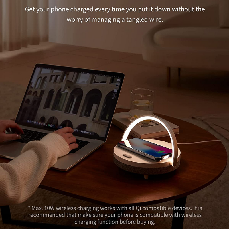 Lampada da notte LED - Lampada da letto musicale con caricatore wireless, lampada touch 4-in-1 e altoparlante Bluetooth