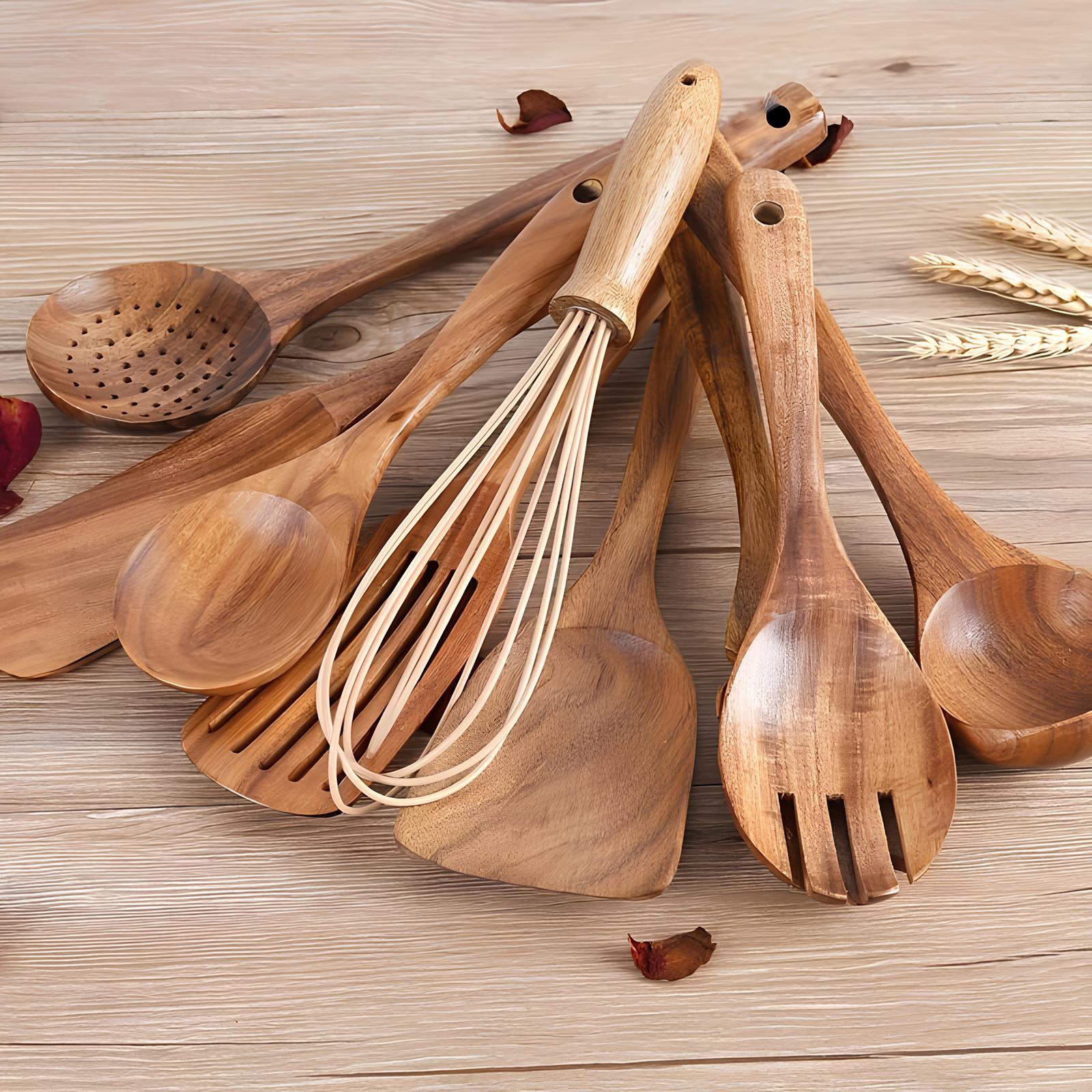 Kitchen Utensil Set Teak Wood Holder Daily Cooking
