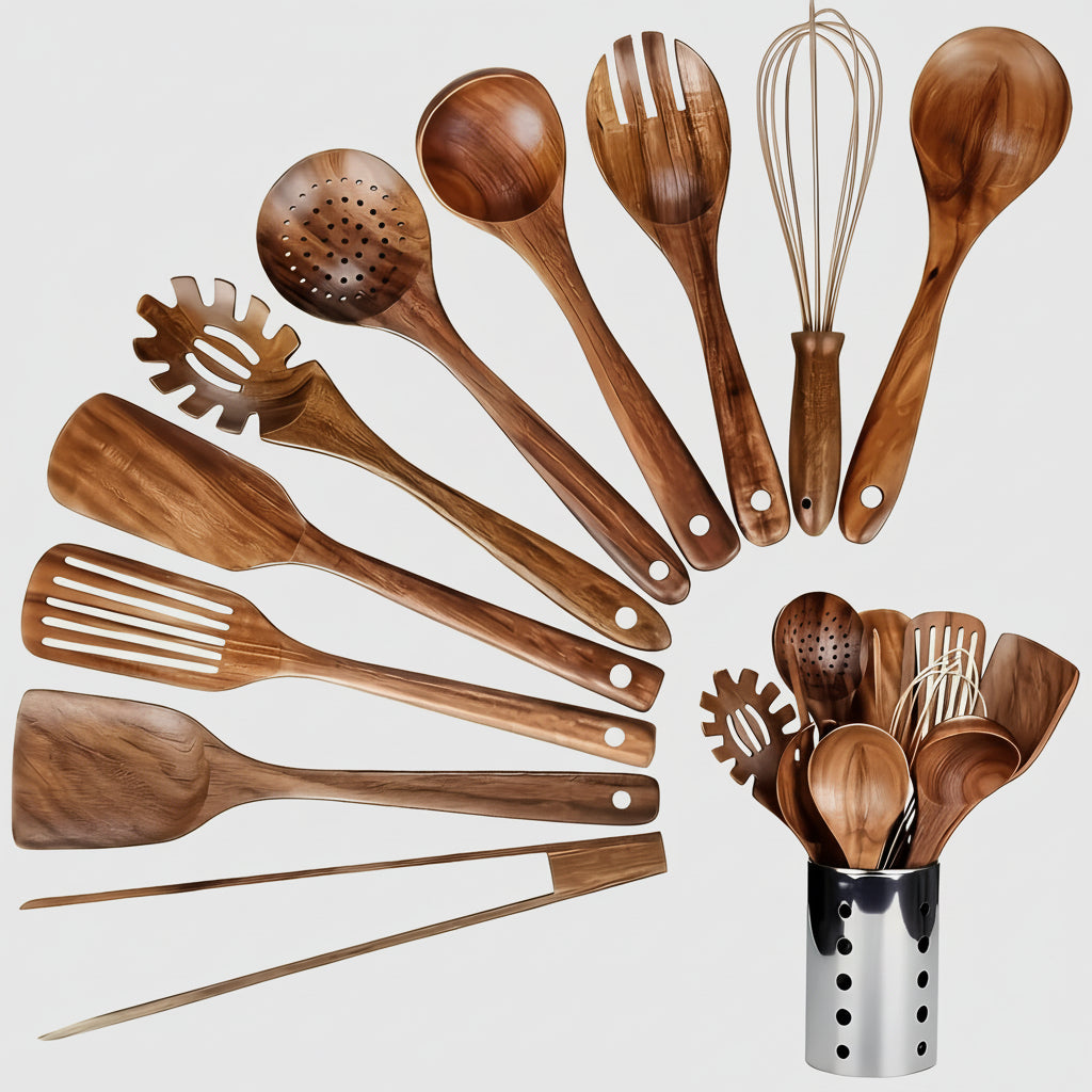 Set Utensili Cucina Teak Supporto Cucina Quotidiana