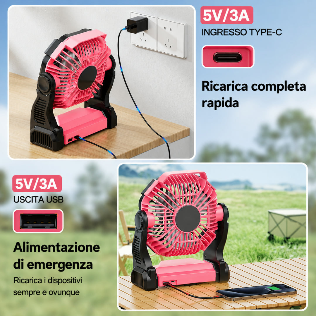 Ventilatore Tavolo Campeggio Portatile LED Ricarica Rotante