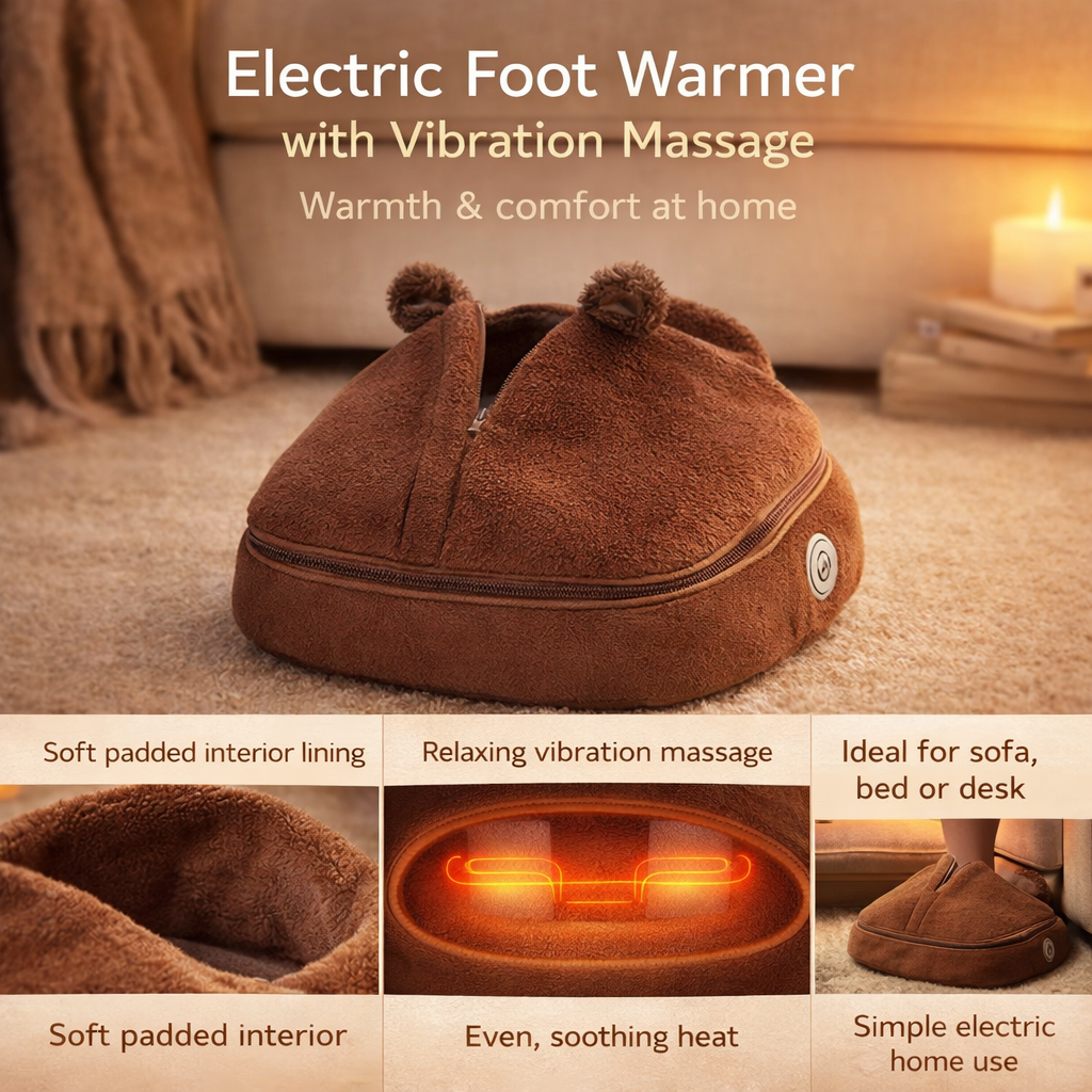 Aquecedor de Pés Elétrico com Massagem Vibratória e Forro de Tecido para Uso Doméstico
