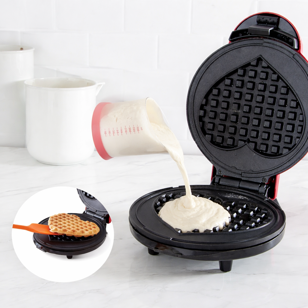 Piastra Waffle Elettrica Mini Compatta Forma Cuore Antiaderente