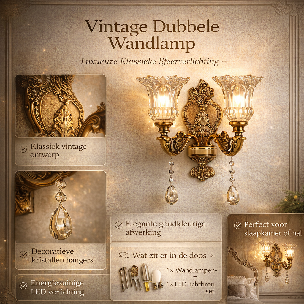 Wandlamp Vintage Goud Glas LED Dubbele Klassieke Binnenlamp