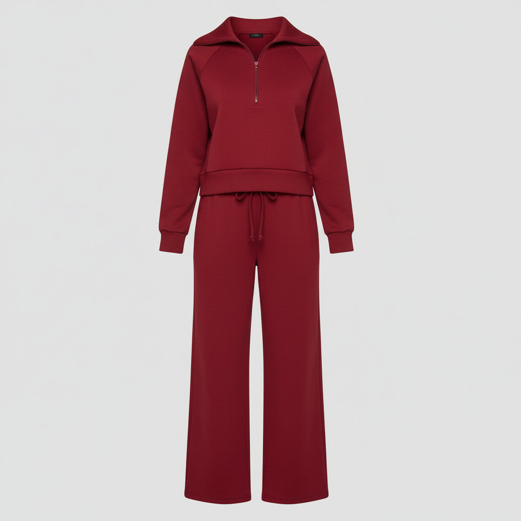 Conjunto Casual para Senhora com Sweatshirt de Meio Fecho e Calças Palazzo
