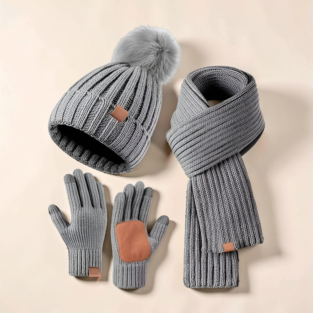Conjunto de Inverno para Senhora: Gorro, Cachecol, Luvas com Ecrã Tátil Quentes