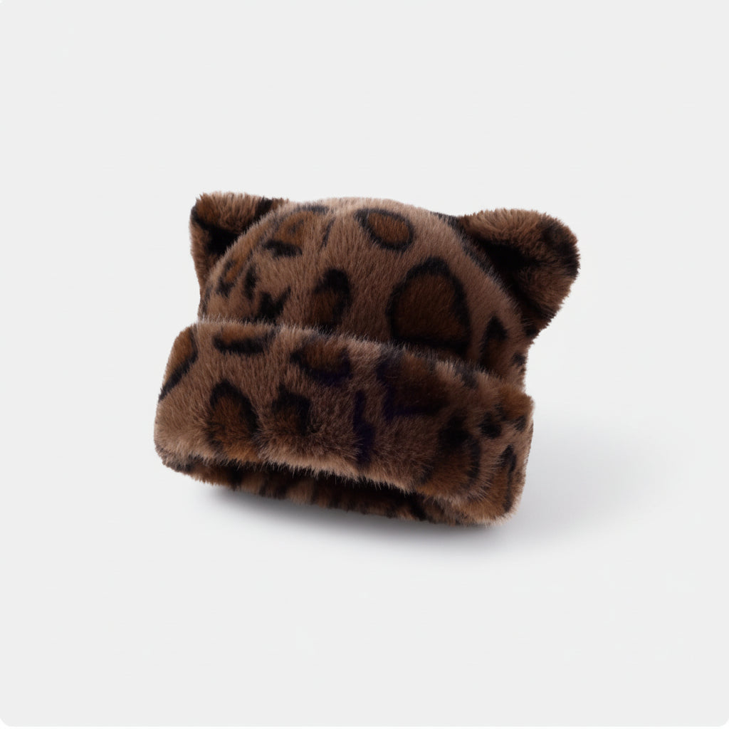 Winter Hat Women Plush Leopard Print Vintage Style