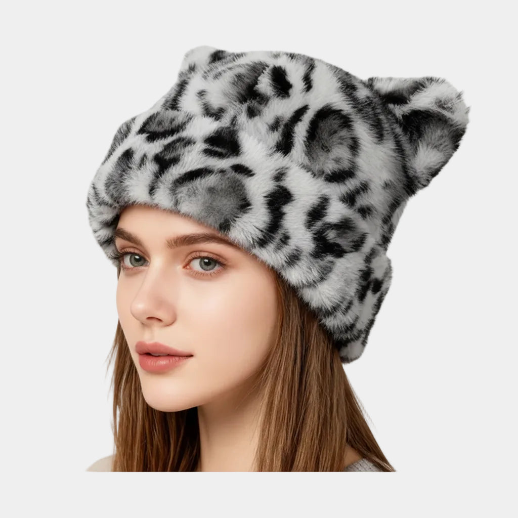 Winter Hat Women Plush Leopard Print Vintage Style