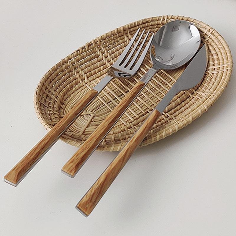 Juego de cubiertos de acero inoxidable de 3 piezas con mango de madera