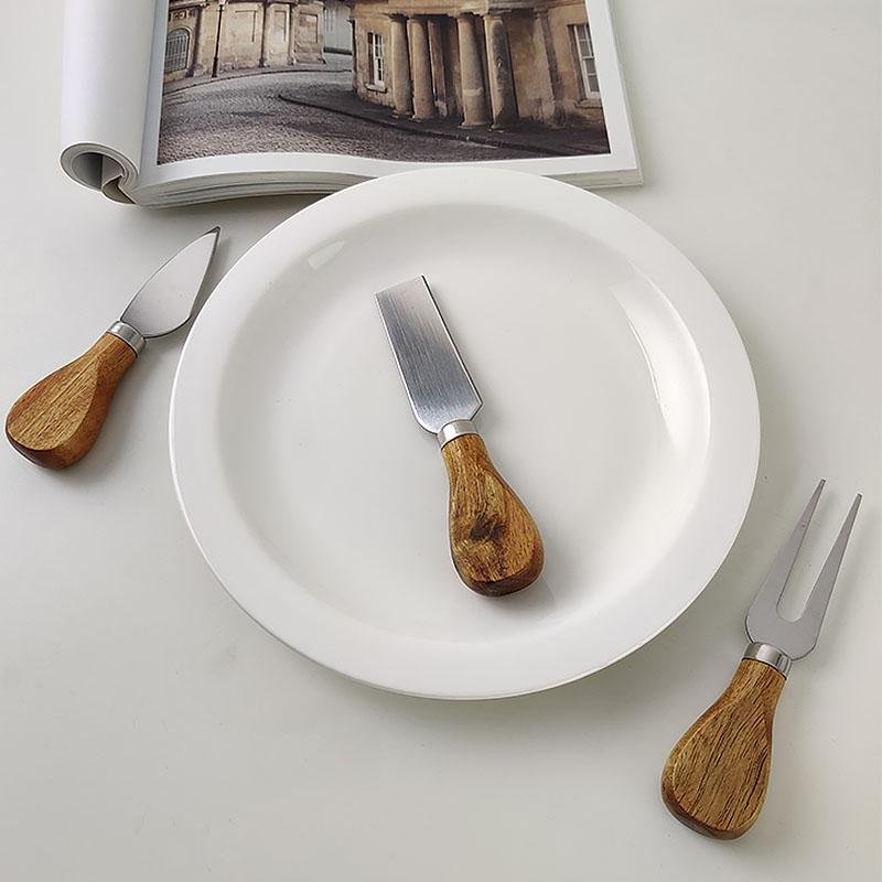 Juego de cuchillos para queso de 3 piezas con mango de madera y acero inoxidable