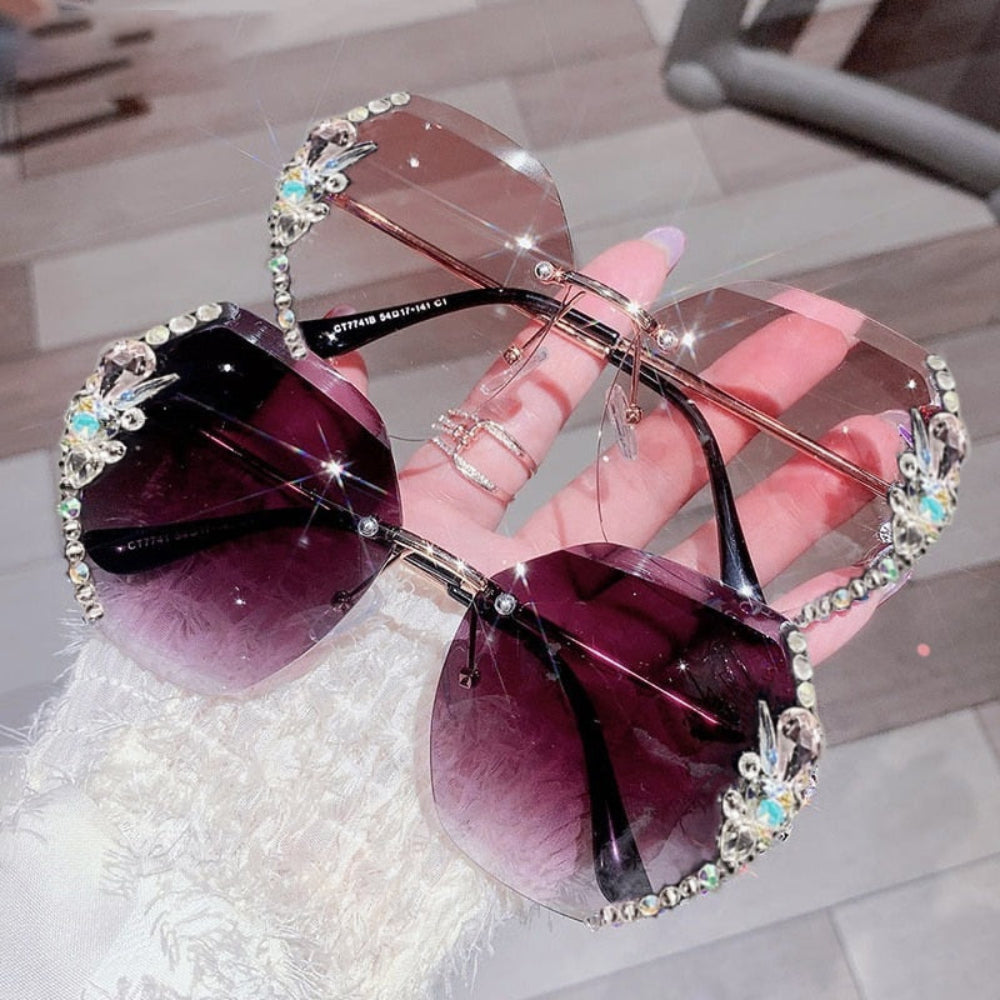 Gafas de sol para mujer sin montura UV400 con lente degradado y strass, gafas de moda