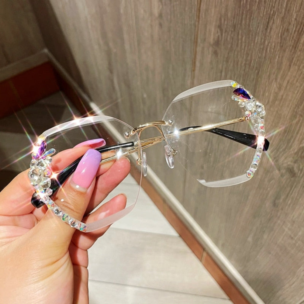 Gafas de sol para mujer sin montura UV400 con lente degradado y strass, gafas de moda