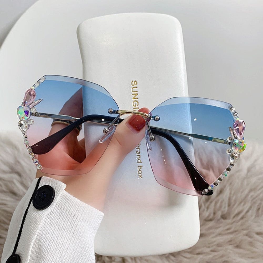 Gafas de sol para mujer sin montura UV400 con lente degradado y strass, gafas de moda