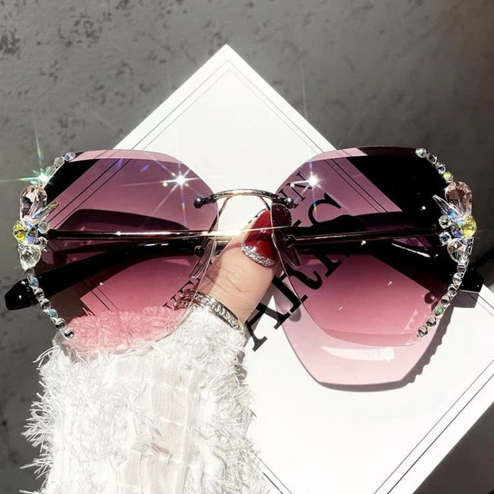 Gafas de sol para mujer sin montura UV400 con lente degradado y strass, gafas de moda