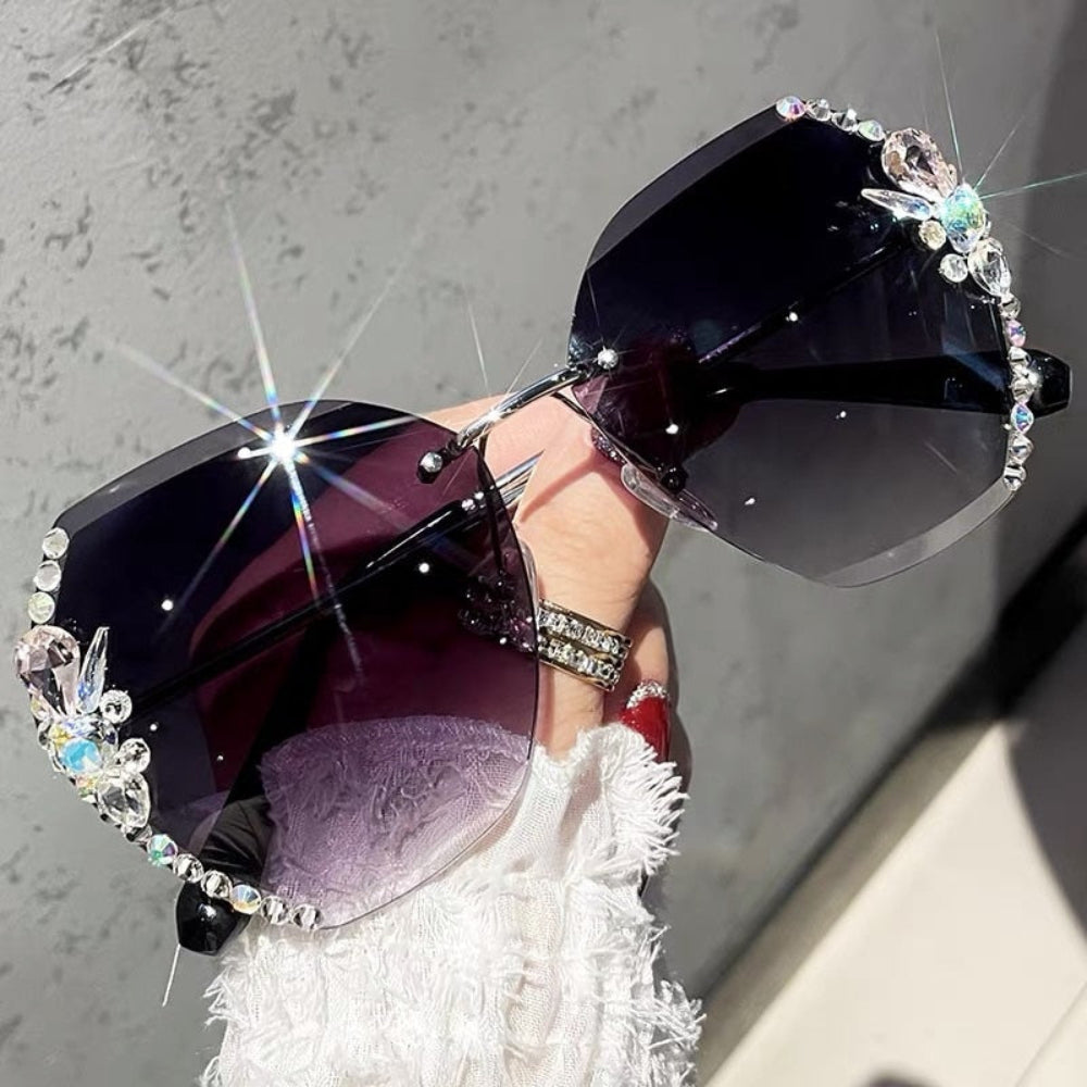 Gafas de sol para mujer sin montura UV400 con lente degradado y strass, gafas de moda