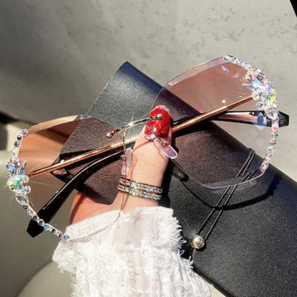 Gafas de sol para mujer sin montura UV400 con lente degradado y strass, gafas de moda