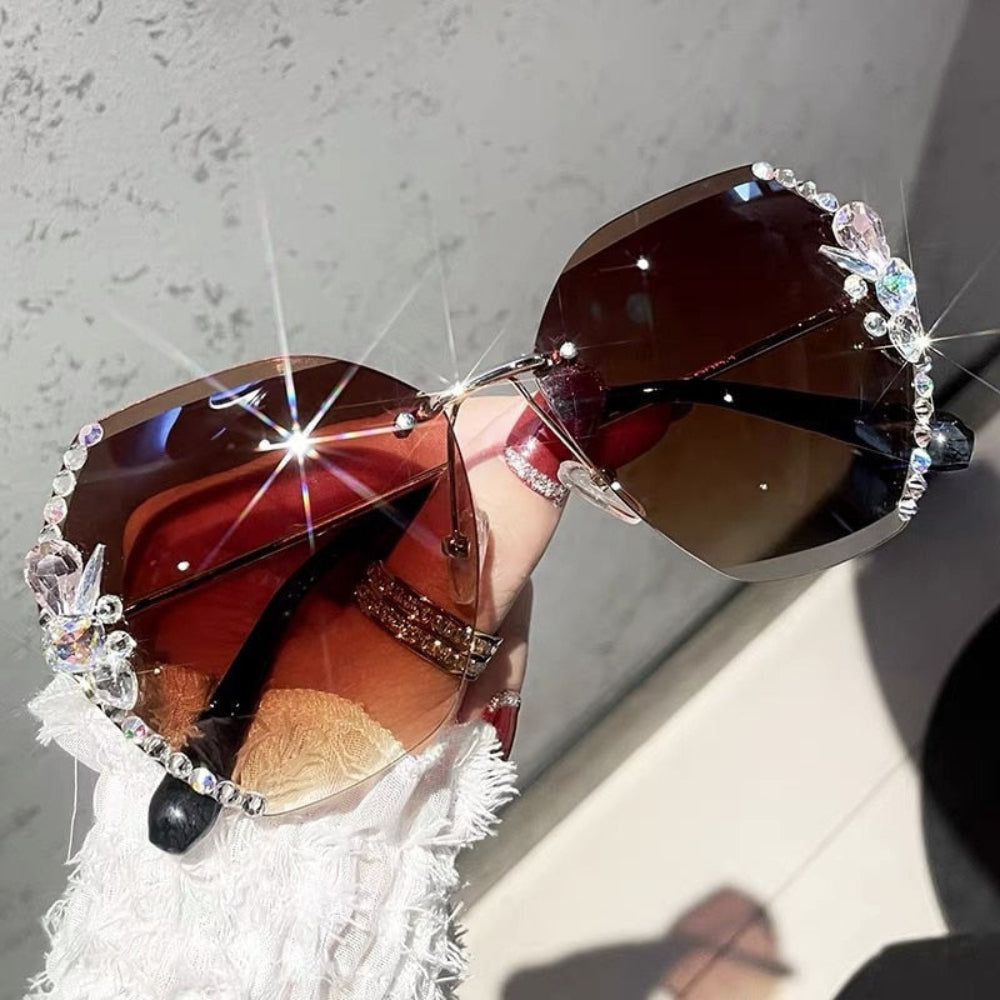 Gafas de sol para mujer sin montura UV400 con lente degradado y strass, gafas de moda