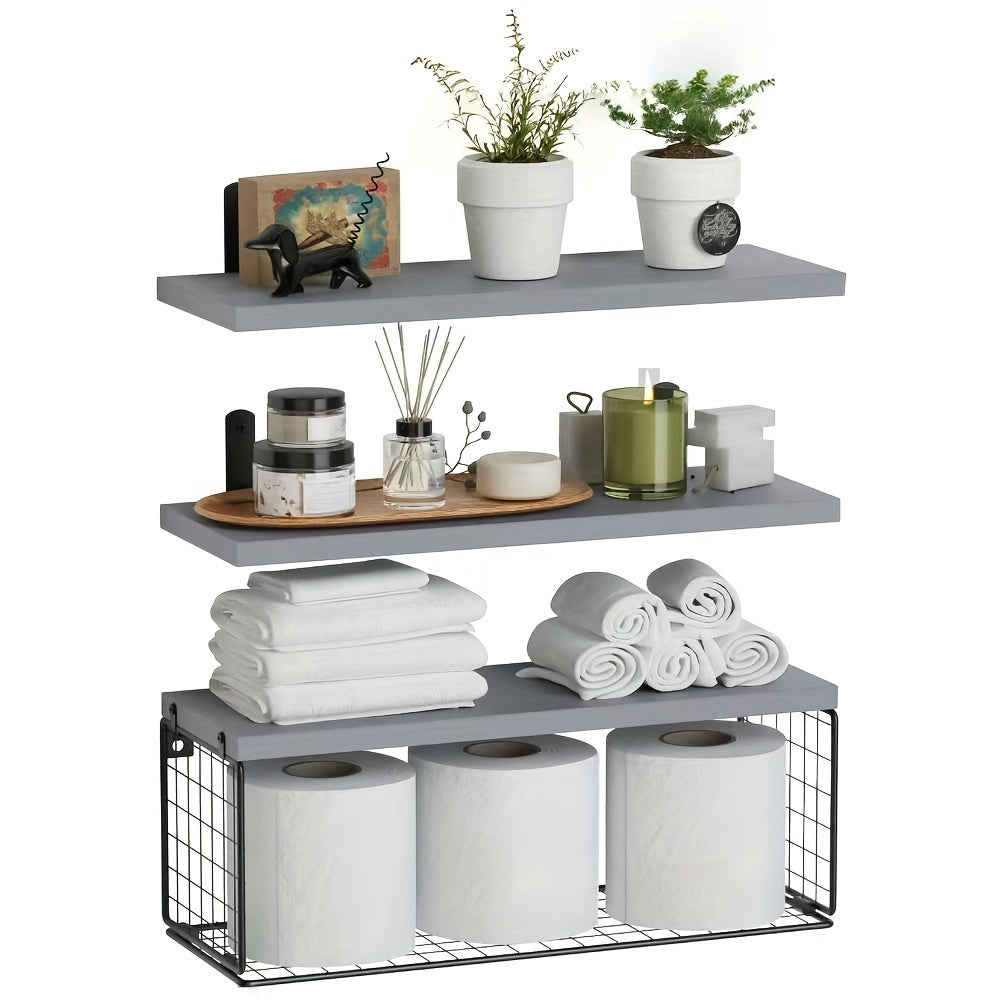 ShelfSet - Wooden Floating Storage Racks - Set of 3 Bathroom Shelves