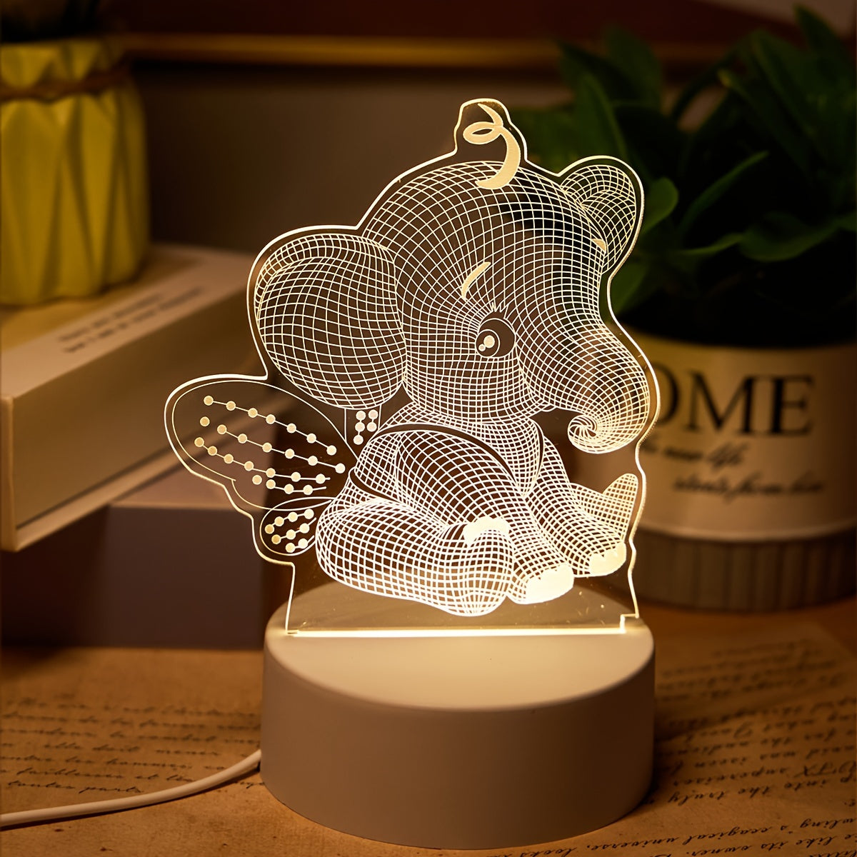 AngelElephant - Lámpara de noche LED 3D ilusión, lámpara de mesa alimentada por USB
