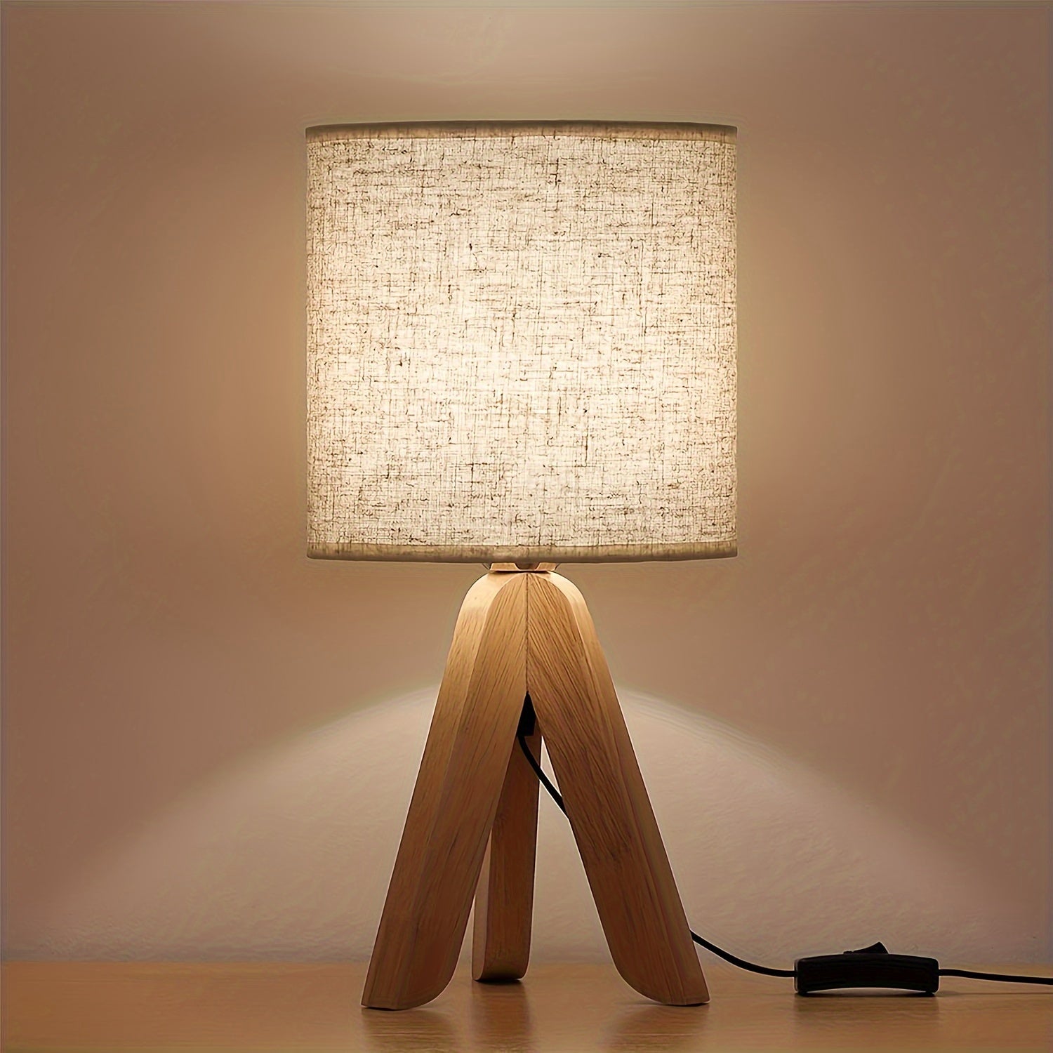 DriepootLicht - Lámpara de mesa de madera con pantalla de lino, 220V-240V, enchufe europeo