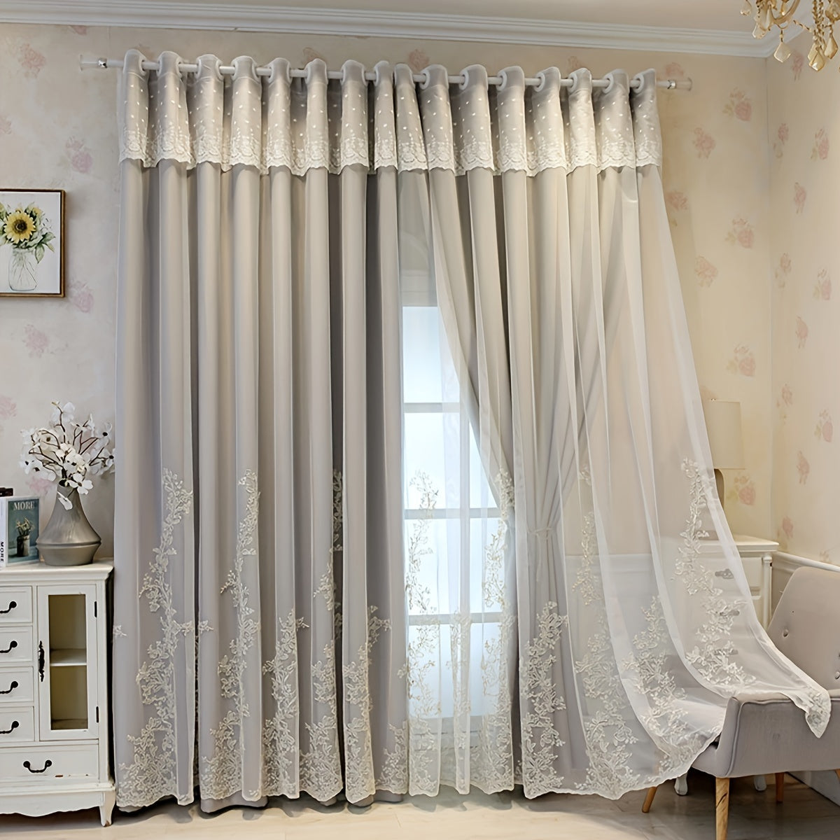 2 Peças Cortinados Bordados de Fada Elfo - Painéis de Cortinado Translúcidos com Tecido Integrado e Argolas