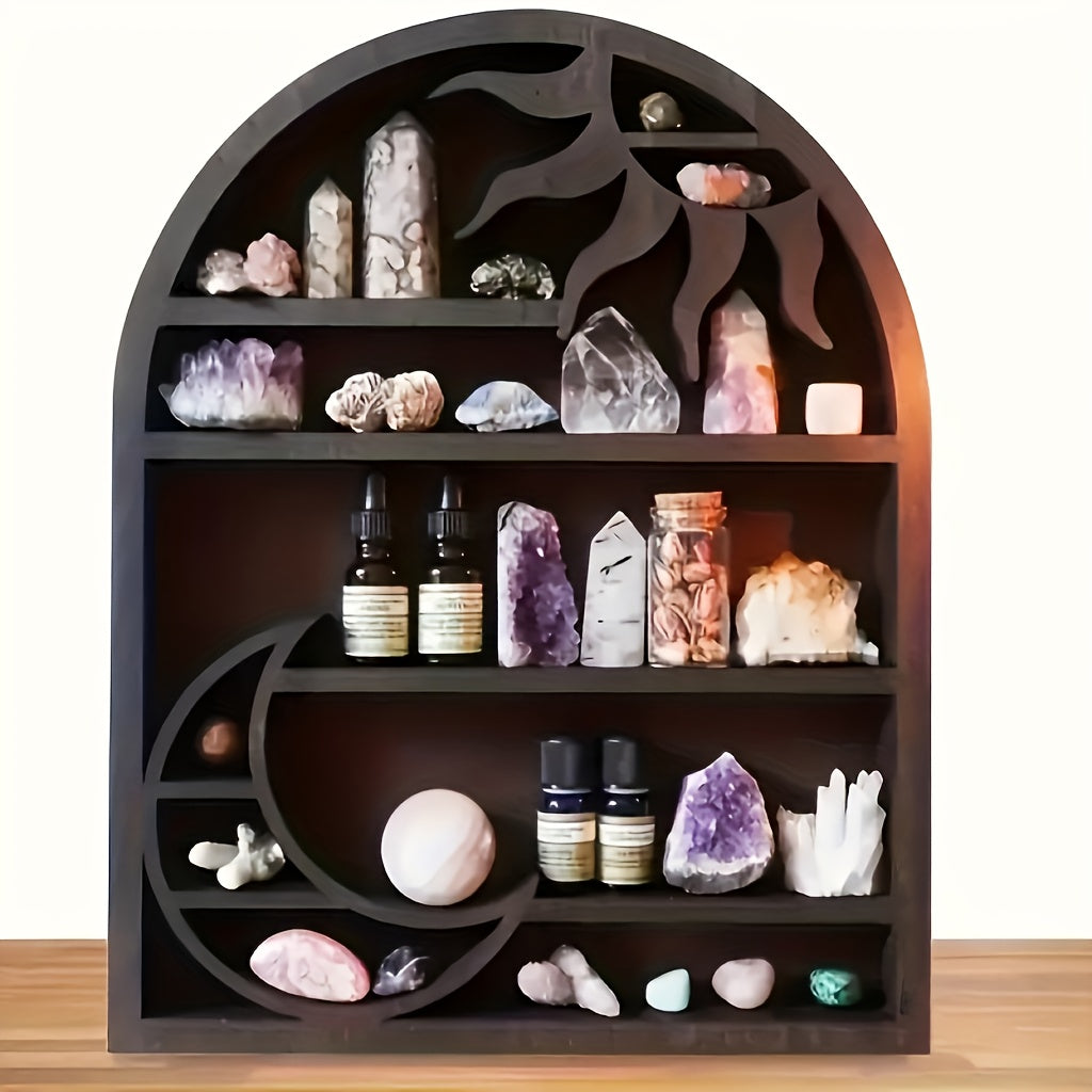 Bohemian Moon & Sun Wooden Wall Shelf - Decorative Crystal Holder