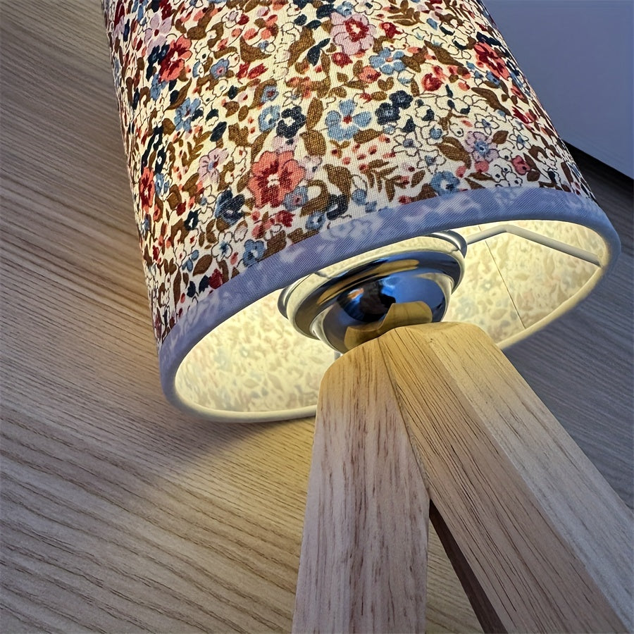 HoutLicht - Modern Wooden Table Lamp with Fabric Shade, USB Powered, Push-Button LED Night Light