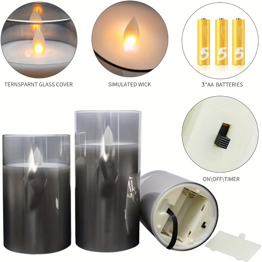 3pcs LED Fireless Candles, Battery Operated Flickering Pillar Candles, Real Wax Moving Flame Electric Candle Set, Gray Glass Effect with Remote Control Timer, 10.16 cm, 12.7 cm, 15.24 cm, 3 Gray Packaging
