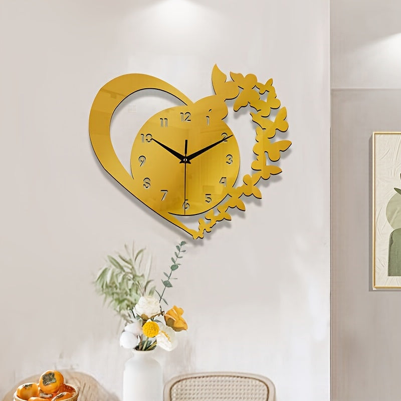 Relógio de Parede Acrílico Silencioso em Forma de Coração - Design Sem Moldura de Amor para Sala de Estar, Quarto e Escritório
