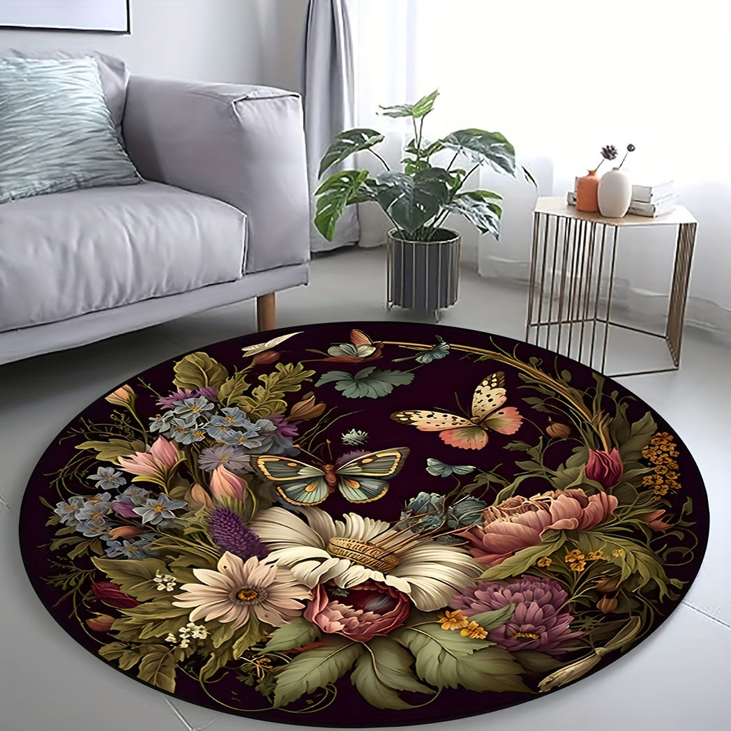 Tappeto Rotondo Floral Farfalla Oscura - Antiscivolo, Lavabile, Morbido e Confortevole in Poliestere per Soggiorno, Camera da Letto, Ufficio e Cameretta