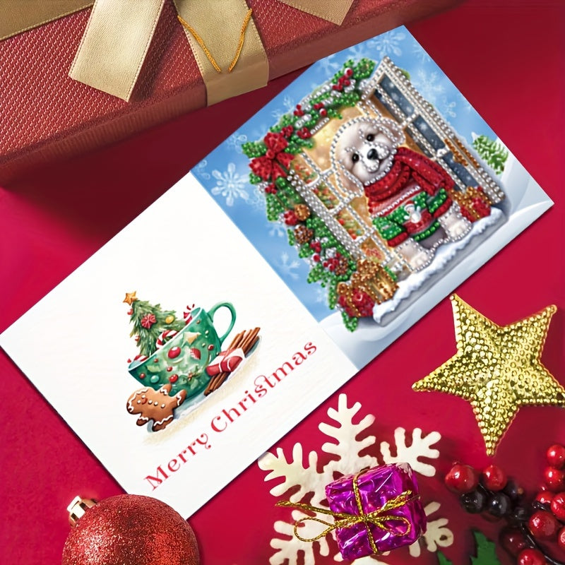 Confezione da 6 di Biglietti di Auguri con Diamante - Design di Cagnolino di Neve e Albero di Natale