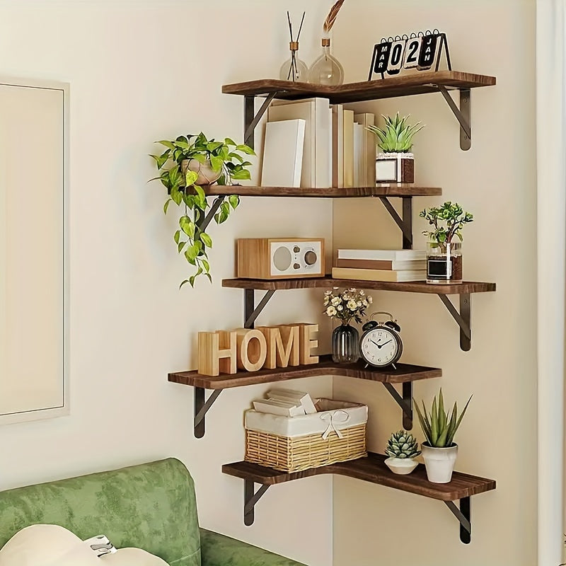 RusticCorner - 3/5 Pieces Floating Corner Shelf - Wooden Wall Decoration and Storage Rack