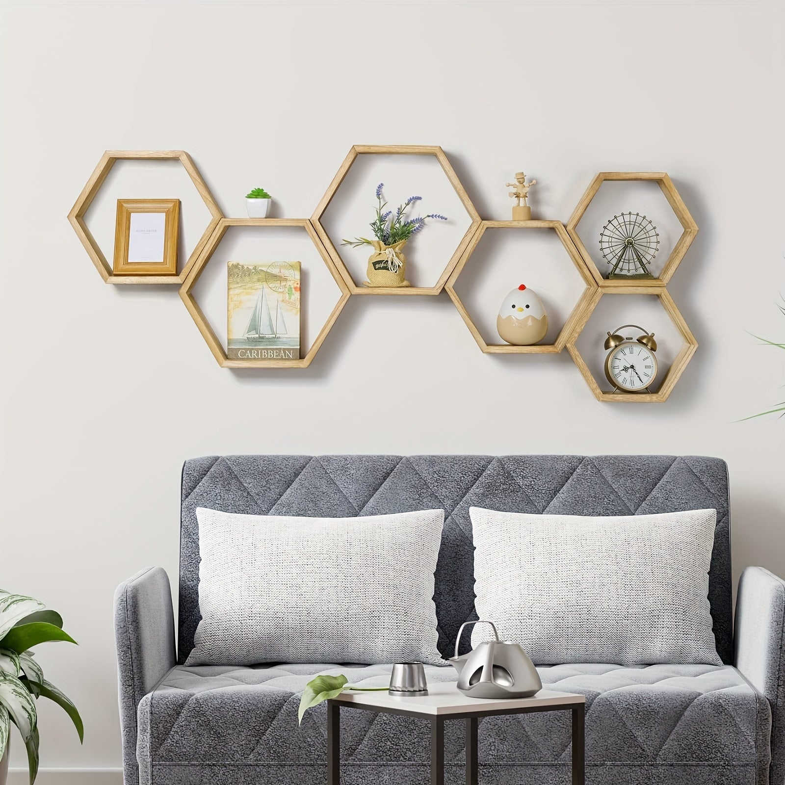 HexaWood - 3 Pieces Wooden Hexagonal Floating Wall Shelves for Kitchen, Living Room & Bedroom