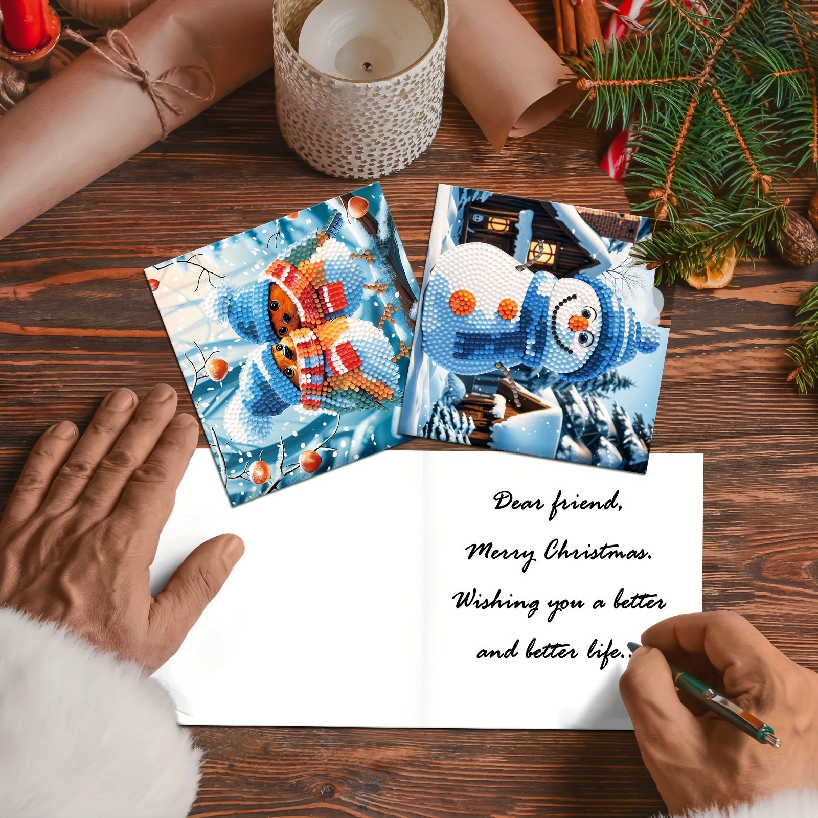 Kit di Biglietti d'Auguri con 12 pezzi di Pittura Diamante Fai-da-te - Design di Pupazzo di Neve e Cervo per Natale, Ringraziamento, Compleanni - Perfetto Regalo Creativo per Famiglia e Amici