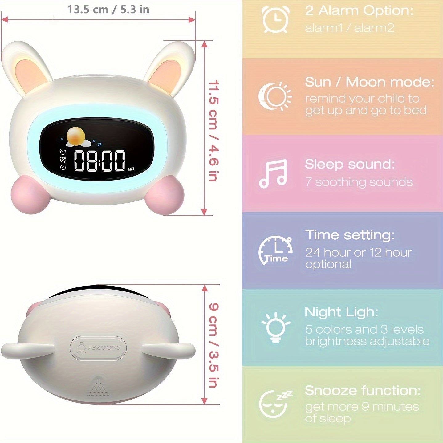 BunnyTime - Relógio de Treino de Sono Fofo com Música e Luz Noturna
