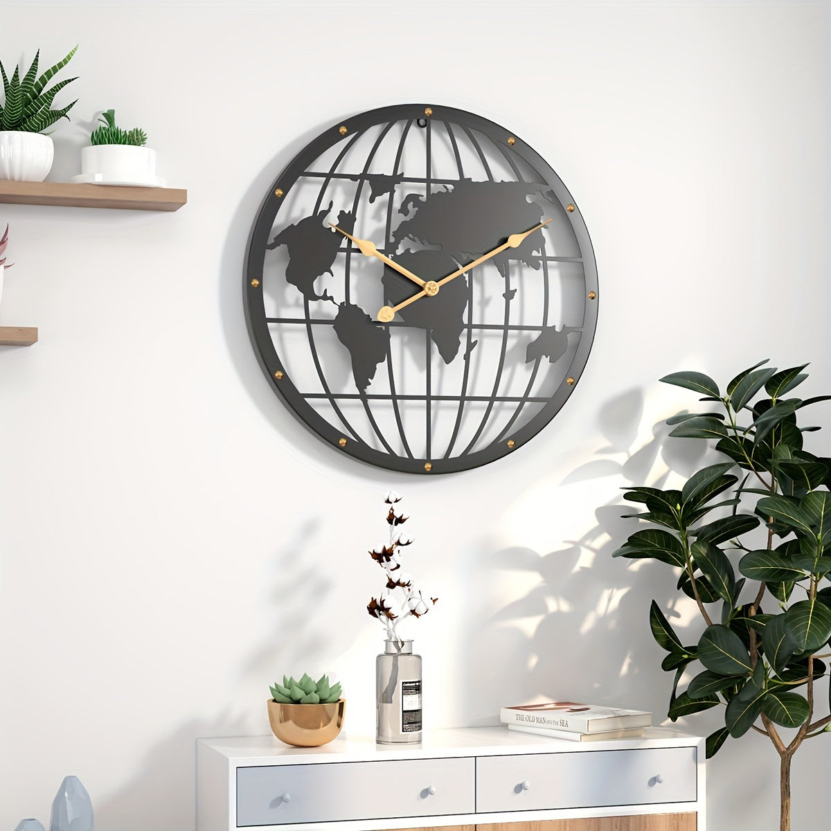 Wereldkaart Wandklok - Stille 40cm Metalen Klok met Gouden Cijfers