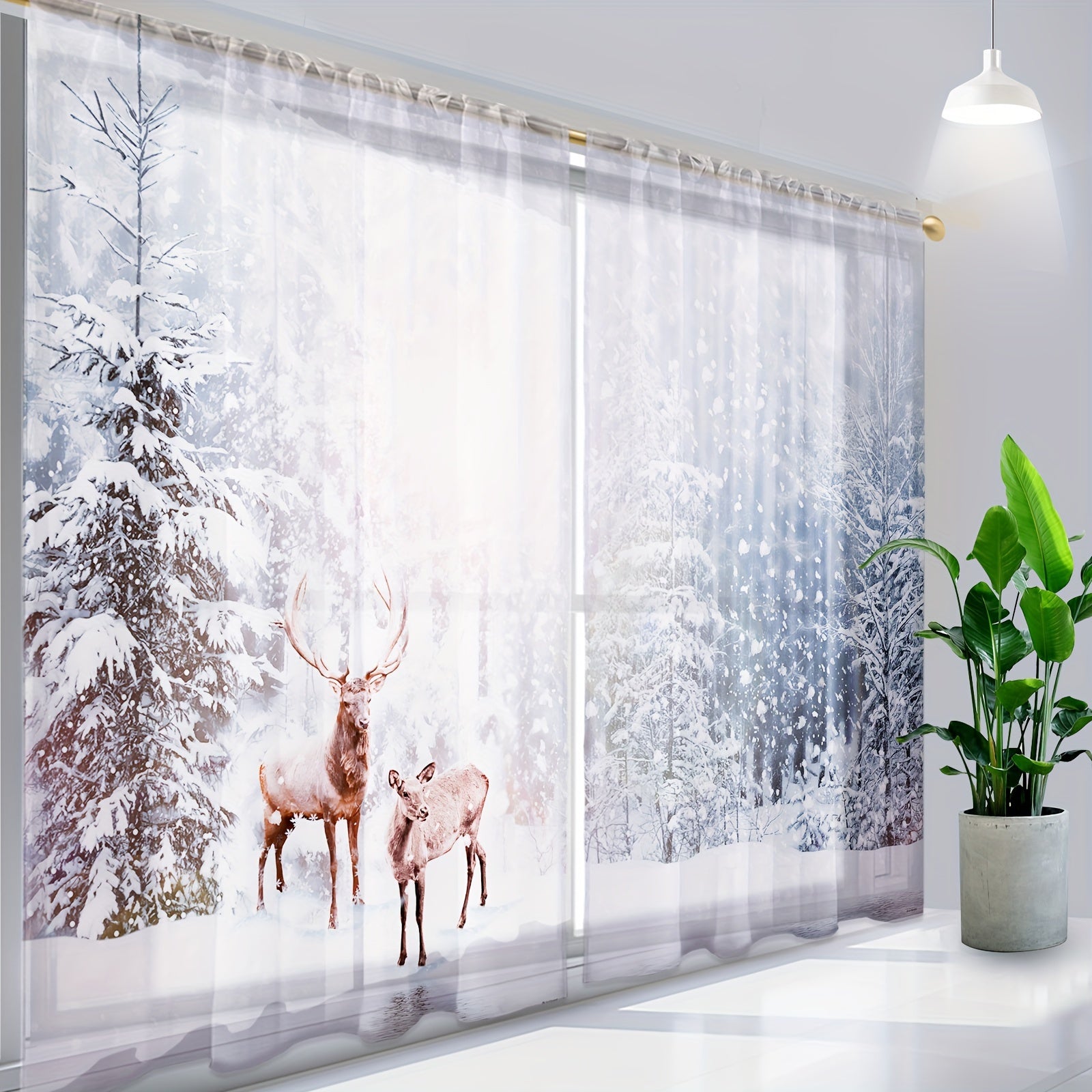 Cortinados Boneco de Neve - 2 Peças Translúcidos com Bolsa para Varão