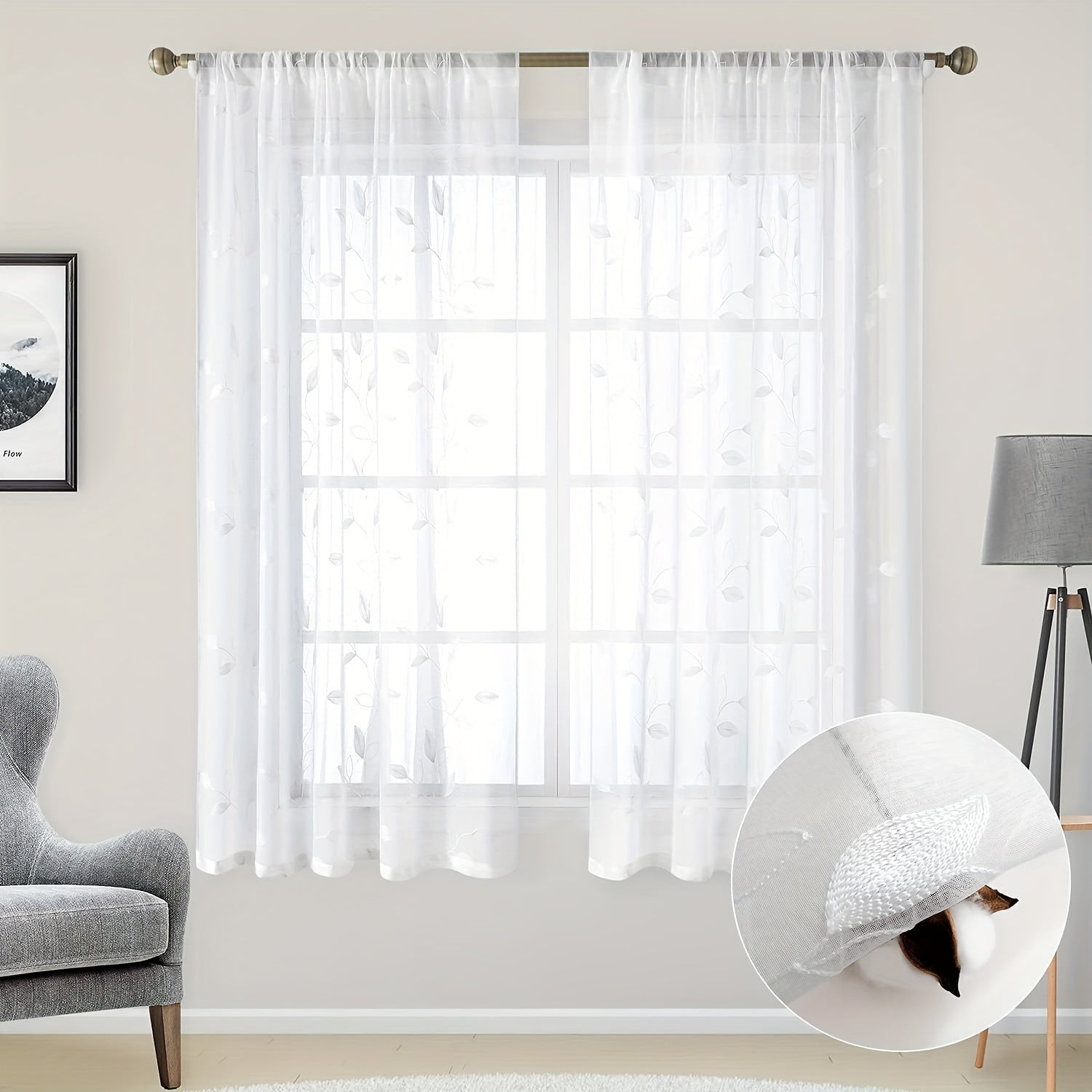 Blad Ricamo Tende Trasparenti - 2 Pezzi con Astuccio per Bastone per Camera da Letto e Soggiorno