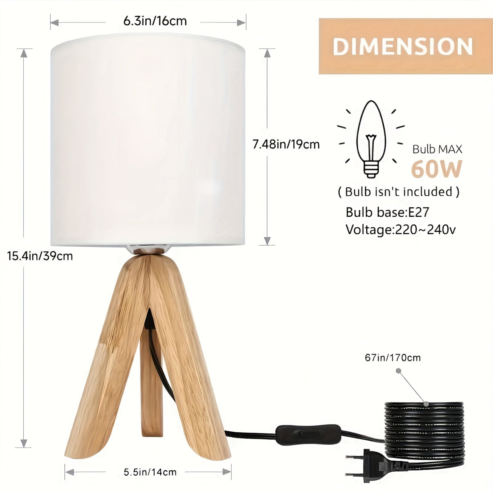 DriepootLicht - Lámpara de mesa de madera con pantalla de lino, 220V-240V, enchufe europeo
