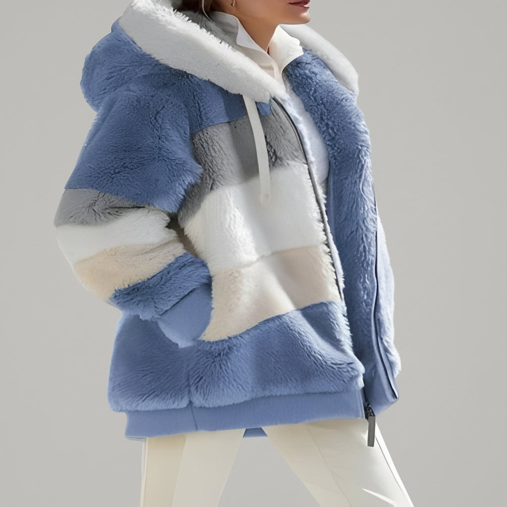 Giacca Invernale Donna Teddy Oversize Blocchi Colore Cappuccio Cerniera
